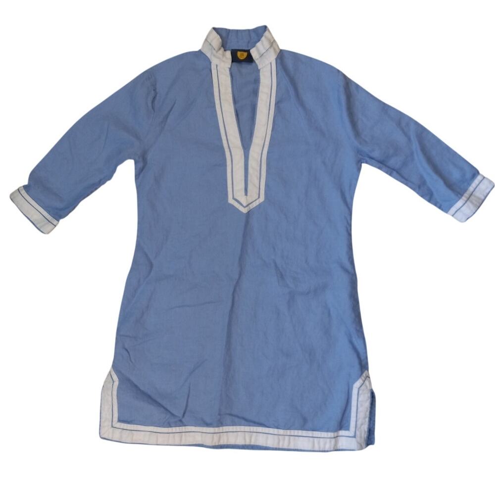 Guru New York blue‎ white trim linen 3/4 sleeve tunic dress SIZE M